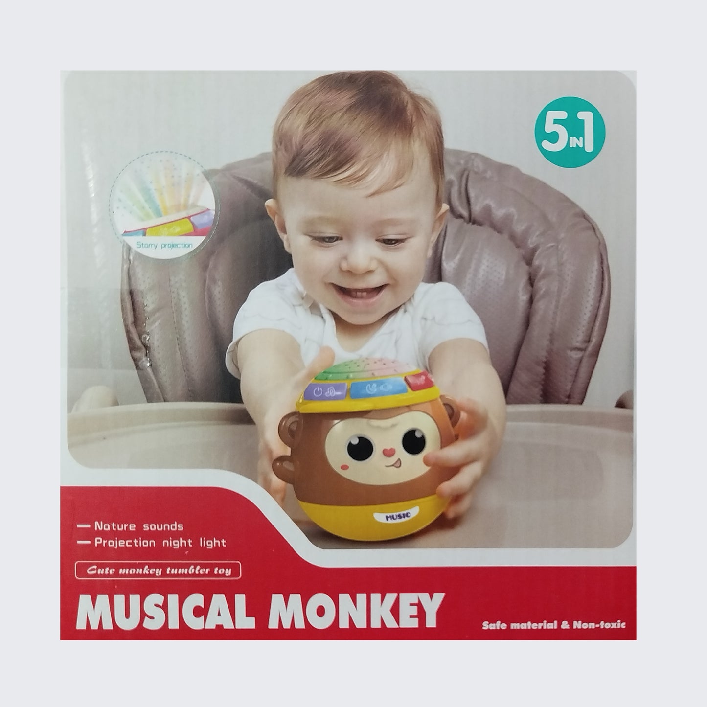 5 in 1 Cute Monkey Tumbler Toy Star Projector Lamp Music Beats Drum For Kids